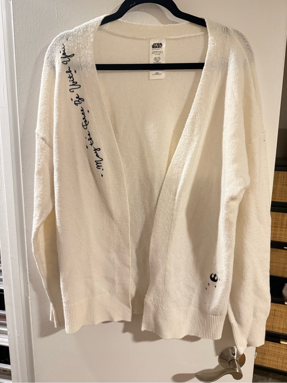 Star Wars Women's Ivory Open-Front Oversized Knit Cardigan with Script Detail